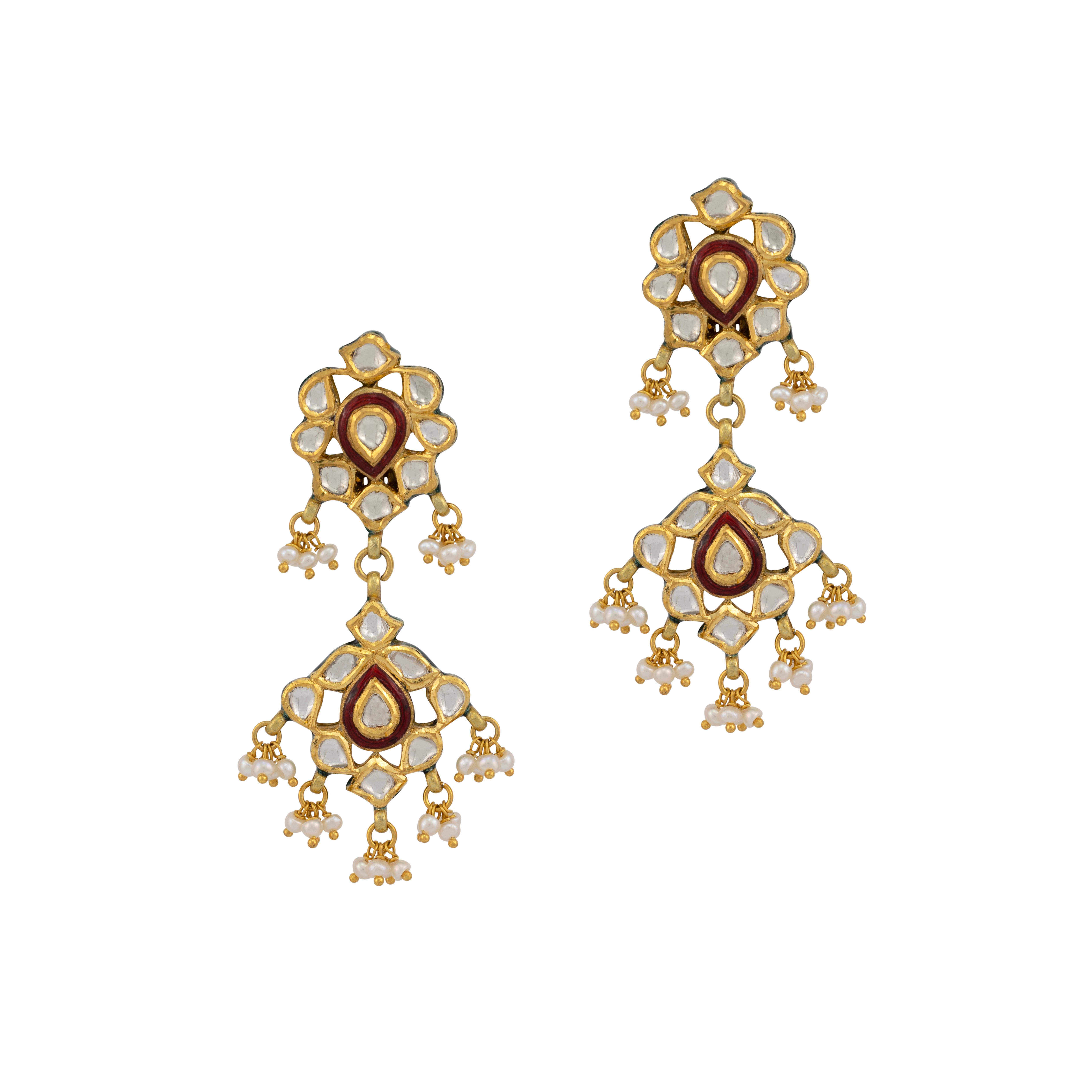 Polki Chandelier Earrings with Red Enamel and Pearl Clusters